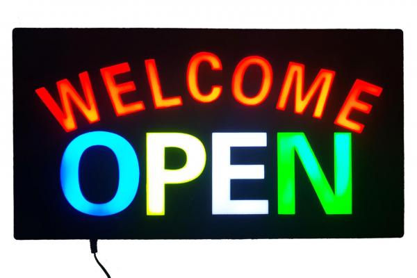 LED-Schild WELCOME OPEN (rot, blau, gelb, weiss, grün)